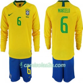 Camisolas de Futebol Brasil Marcelo 6 Criança Equipamento Principal Copa do Mundo 2018 Manga Comprida